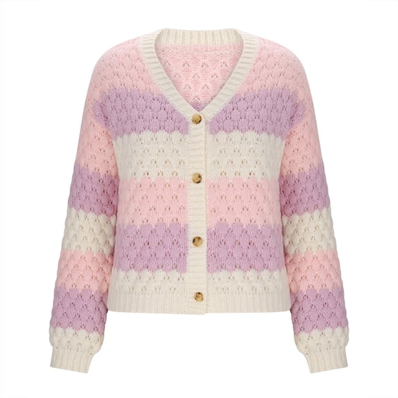 AUNVITO Women's V-Neck Color Blocked Knit Cardigan Casual Fall Button Detail Long Sleeve Blouse Lightweight Soft Sweater