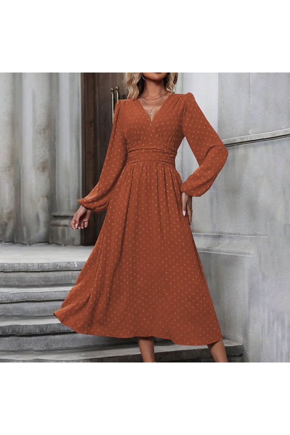 Women's V-Neck Lantern Sleeves Waist Pleated Long Dress High Elasticity Stretchy Casual Daily Wear Solid Color Durable Fabric Skirt