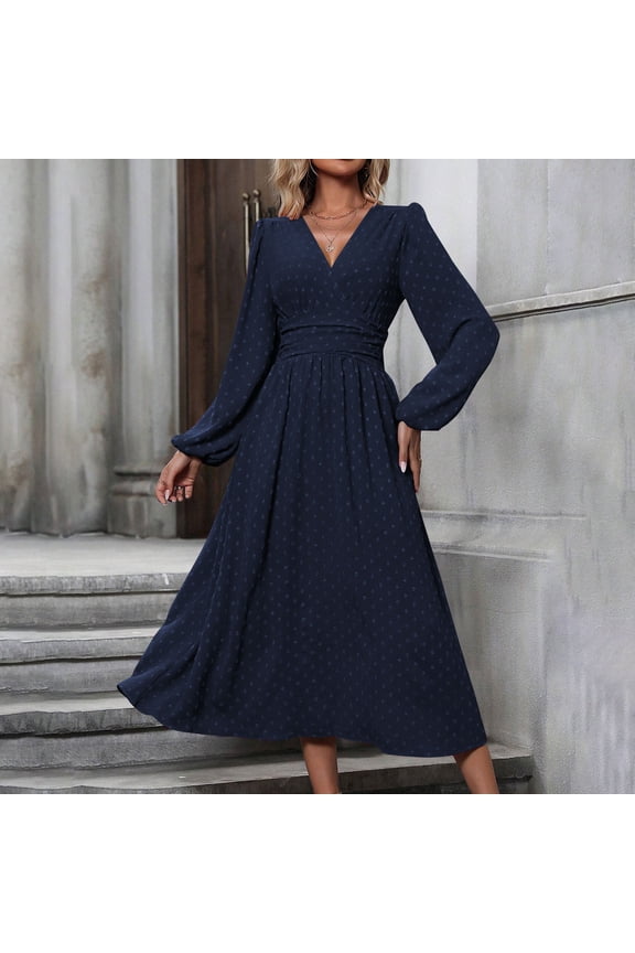 Women's V-Neck Lantern Sleeves Waist Pleated Long Dress High Elasticity Stretchy Casual Daily Wear Solid Color Durable Fabric Skirt