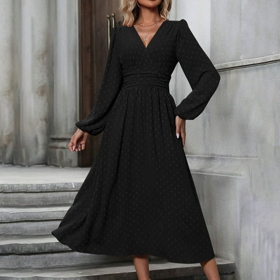 AUNVITO Women's V-Neck Lantern Sleeves Waist Pleated Long Dress High Elasticity Stretchy Casual Daily Wear Solid Color Durable Fabric Skirt