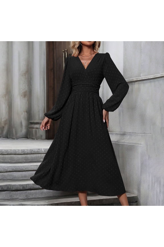 Women's V-Neck Lantern Sleeves Waist Pleated Long Dress High Elasticity Stretchy Casual Daily Wear Solid Color Durable Fabric Skirt