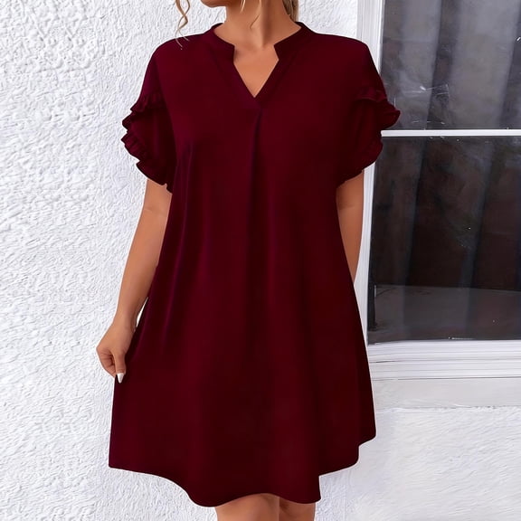AUNVITO Women's V Neck Short Sleeve Dress Flounce Hem Bell Sleeve Casual and Stylish