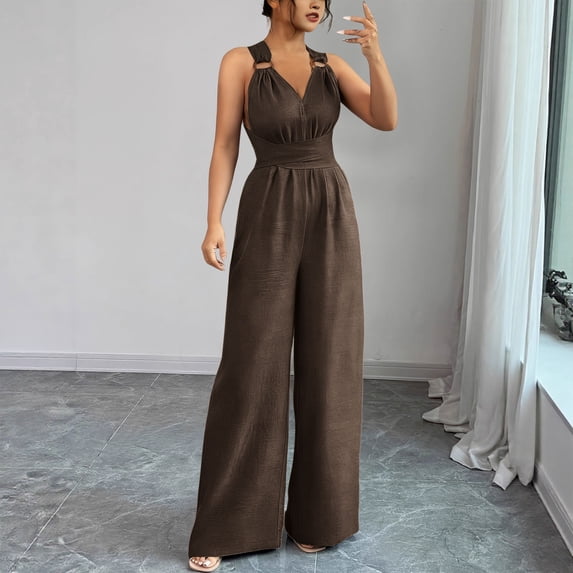 AUNVITO Women's V Neck Sleeveless Jumpsuit Casual and Fashionable Style