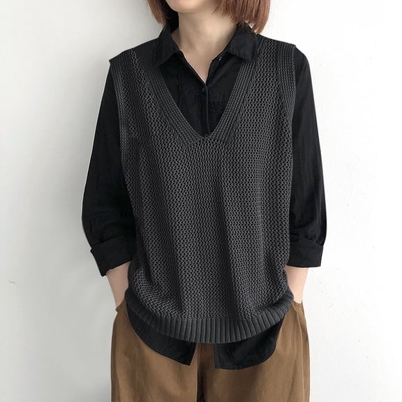 AUNVITO Women's V-Neck Sleeveless Knit Vest Oversized Pullover Casual and Versatile Style