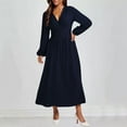 thumbnail image 1 of AUNVITO Women's V-Neck Solid Color Lantern Sleeve Dress High Slit Stretchy Casual Daily Wear, 1 of 7