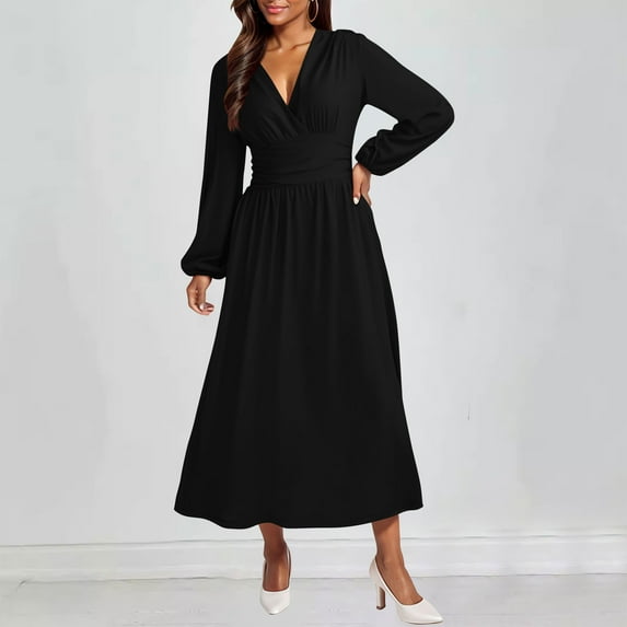 AUNVITO Women's V-Neck Solid Color Lantern Sleeve Dress High Slit Stretchy Casual Daily Wear
