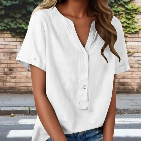 AUNVITO Women's V Neck T-Shirt Button Detail Short Sleeve Half Placket Casual and Fashionable Solid Top