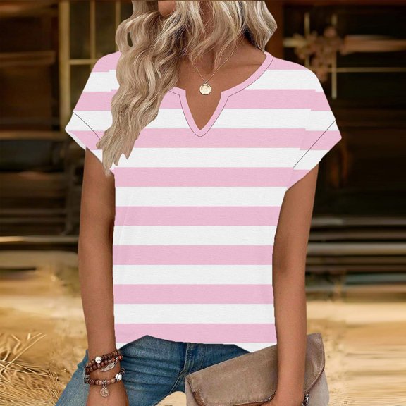 AUNVITO Women's V-Neck T-shirt Short Sleeve with All-Over Print Casual and Trendy-Style Spring Summer Fashion