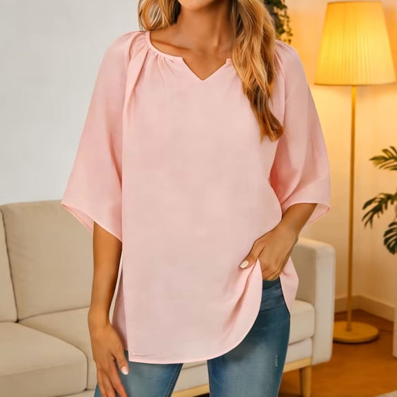 AUNVITO Women's V-Neck Top with Gathered Detail Lightweight and Breathable Casual Style