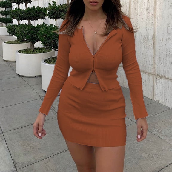 AUNVITO Women's V-Neck Two-Zip Ribbed Long Sleeve Top and Skirt Set Casual Chic-Style