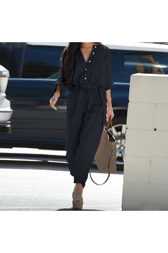 Women's V-Neck Utility Jumpsuits Solid Color Long Sleeve Overalls with Pockets Belt Button Closure Casual Workwear Trousers