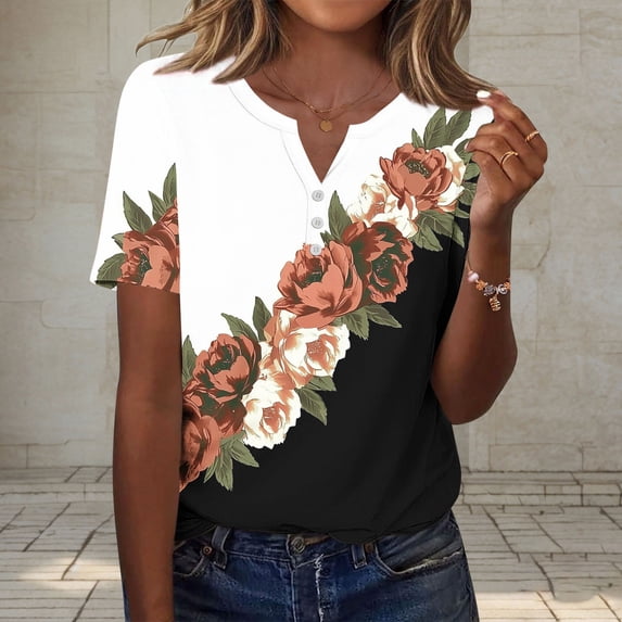 AUNVITO Women's V-neck Button Front Short Sleeve T-shirt Loose Fit with Random Print Casual and Trendy Style