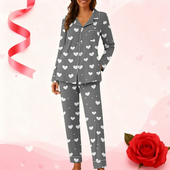AUNVITO Women's Valentine Pajama Set Long Sleeve Notched Collar with Pockets and Print Casual Comfortable Loungewear