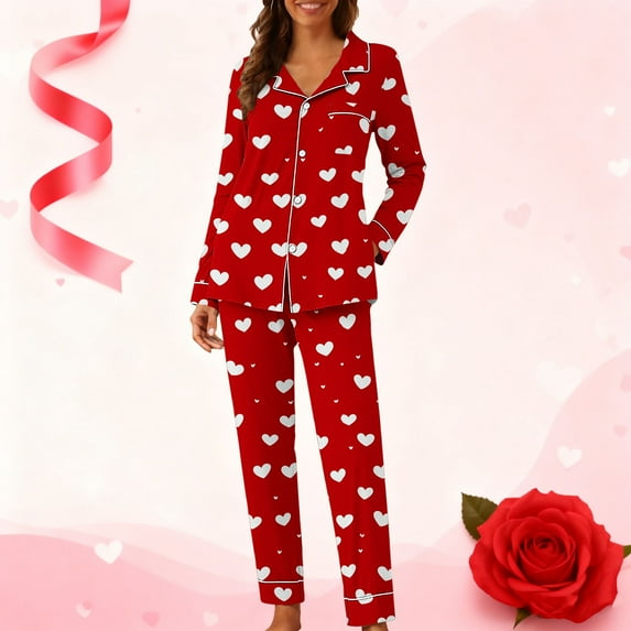 AUNVITO Women's Valentine Pajama Set Long Sleeve Notched Collar with Pockets and Print Casual Comfortable Loungewear