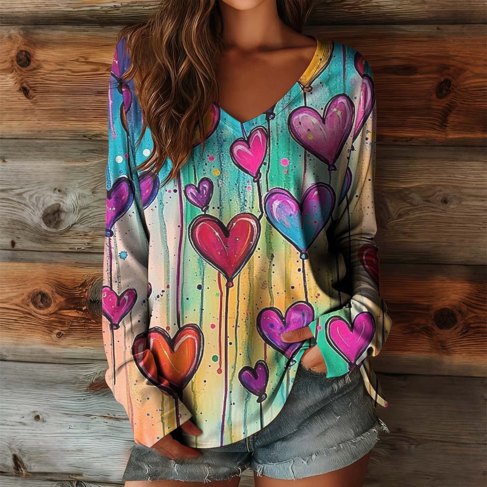 Women Casual V-Neck Heart Print Short-Sleeve Blouses