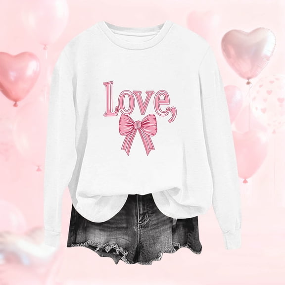 AUNVITO Women's Valentine's Day Sweatshirt Round Neck Long Sleeve Loose Fit with Heart-Shaped Print Casual and Romantic Style
