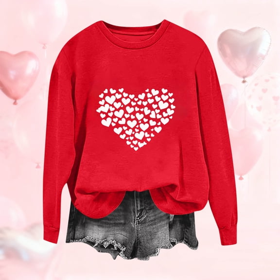 AUNVITO Women's Valentine's Day Sweatshirt Round Neck Long Sleeve Loose Fit with Heart-Shaped Print Casual and Romantic Style