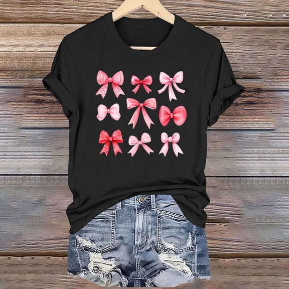 AUNVITO Women's Valentine's Day T-Shirt Bow Detail Print Round Neck Short Sleeve Casual and Fashionable