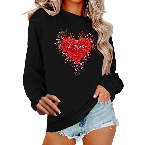 AUNVITO Women's Valentines Day Sweatshirt Round Neck Casual Loose with Print Stylish and Comfortable Holiday Casual Wear