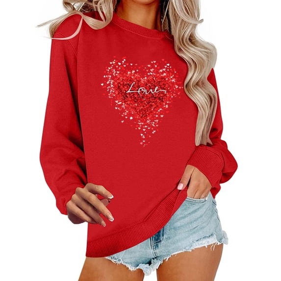 AUNVITO Women's Valentines Day Sweatshirt Round Neck Casual Loose with Print Stylish and Comfortable Holiday Casual Wear