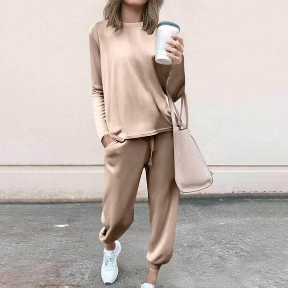 AUNVITO Women's Velvet Jogger Set Casual Loungewear with Pockets Elastic Cuffs Two-Piece Tracksuit Solid Color Comfort Outfit