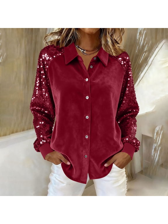 Women's Velvet Touch Blouse Notched Collar Sequin Patch Sleeves Button Front Elegant and Chic Style