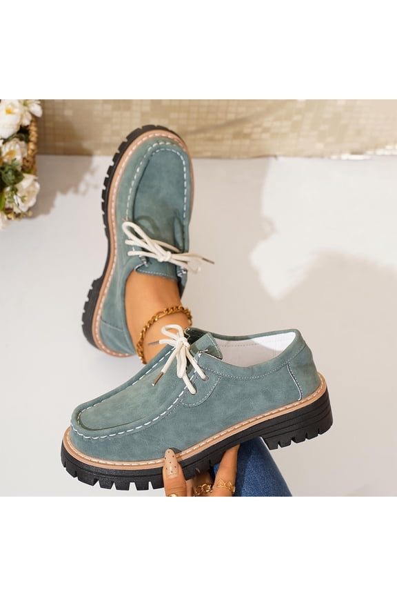 Women's Vintage Lace-Up Loafers with Faux Suede & Comfort Sole, Mid-Heel Casual Shoes for Outdoor/Streetwear in Black/Red/Green/Beige/Brown/Blue