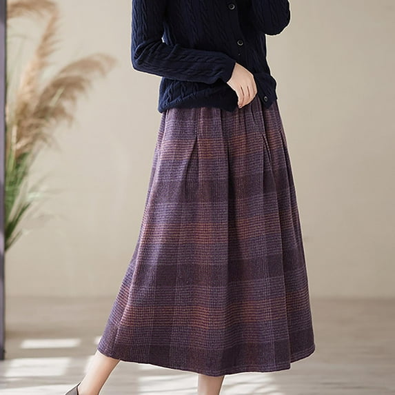 AUNVITO Women's Vintage Plaid Woolen Skirt High Waist Mid-Length Winter Blue/Purple Casual Fashion