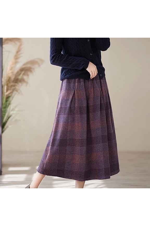 Women's Vintage Plaid Woolen Skirt High Waist Mid-Length Winter Blue/Purple Casual Fashion