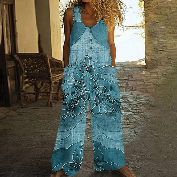 AUNVITO Women's Vintage Printed Sleeveless Summer Jumpsuit with Button Pockets, Casual Romper Round Neck Loose Fit