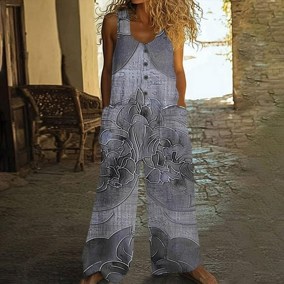AUNVITO Women's Vintage Printed Sleeveless Summer Jumpsuit with Button Pockets, Casual Romper Round Neck Loose Fit