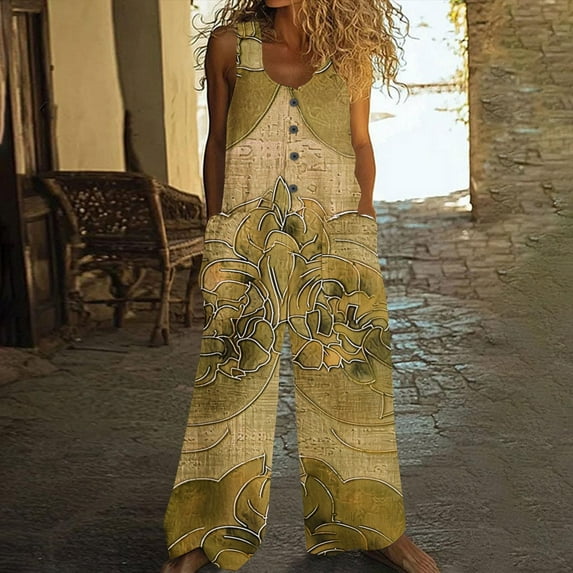 AUNVITO Women's Vintage Printed Sleeveless Summer Jumpsuit with Button Pockets, Casual Romper Round Neck Loose Fit