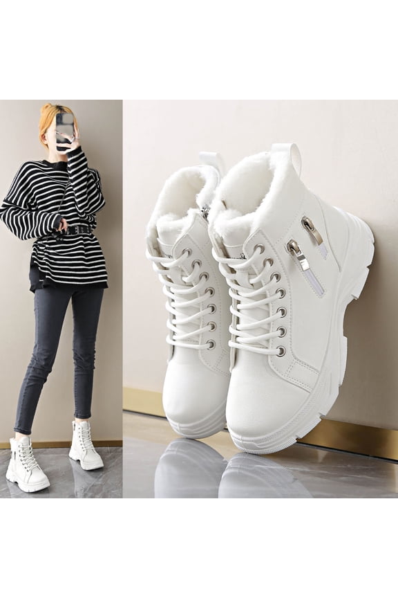 Women's Warm Fleece-Lined Snow Boots Winter Comfortable Slip-Resistant Lace-Up & Zipper Light Brown/White Workwear Casual Boots