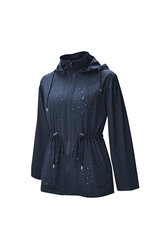 Women's Waterproof Windbreaker Hooded Long Sleeve Jacket with Pockets Front Zip Casual Outdoor Coat for Hiking Camping Winter Spring