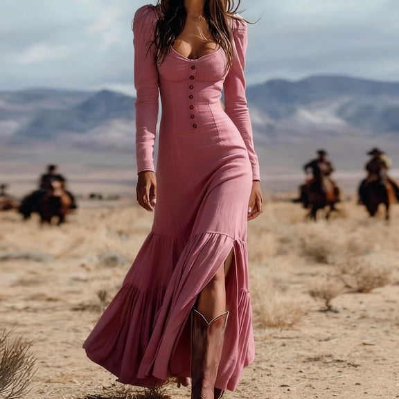 AUNVITO Women's Western Elegant Dress Long Sleeve V-Neck with Button and Zipper Detail