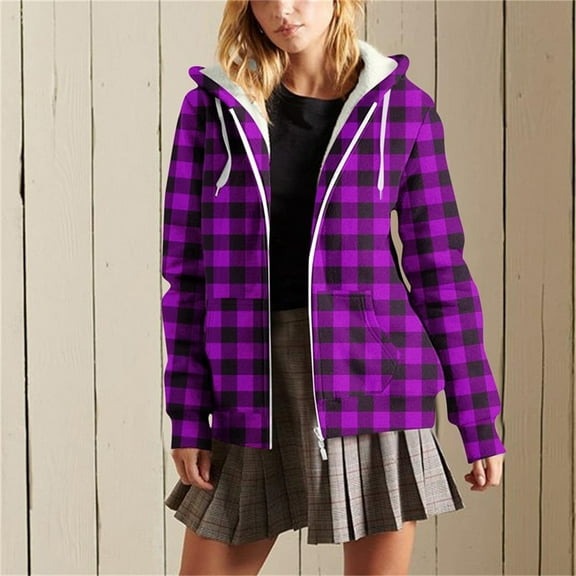 AUNVITO Women's Windbreaker Checkered Print Hooded Zipper Jacket with Drawstring & Pockets Lightweight Loose Fit Outdoor Coat