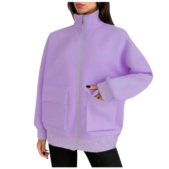 AUNVITO Women's Windbreaker Jacket Solid Color Dual Pockets Long Sleeve Turn-Down Collar Zipper Casual Outdoor No Hood