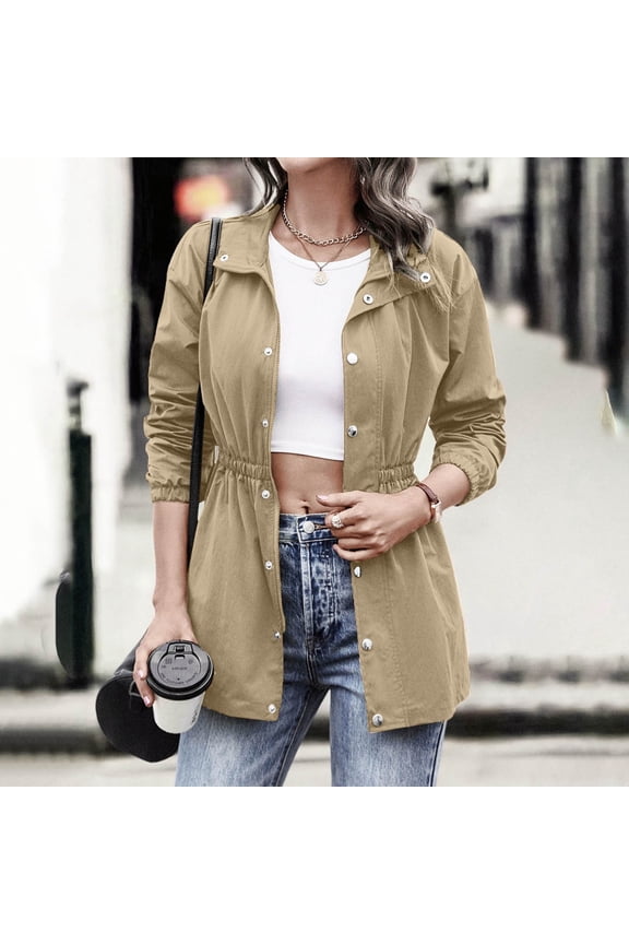 Women's Windbreaker Jacket Solid Color Waist-Cinching Zipper Casual Mid-Length Spandex Coat