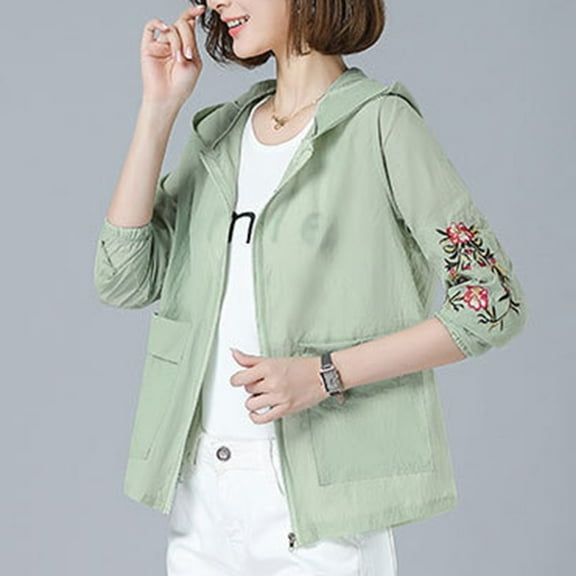 AUNVITO Women's Windbreaker Sun Protection Hooded Jacket with Embroidery Zipper Pockets Long Sleeve Lightweight Casual Outdoor Coat