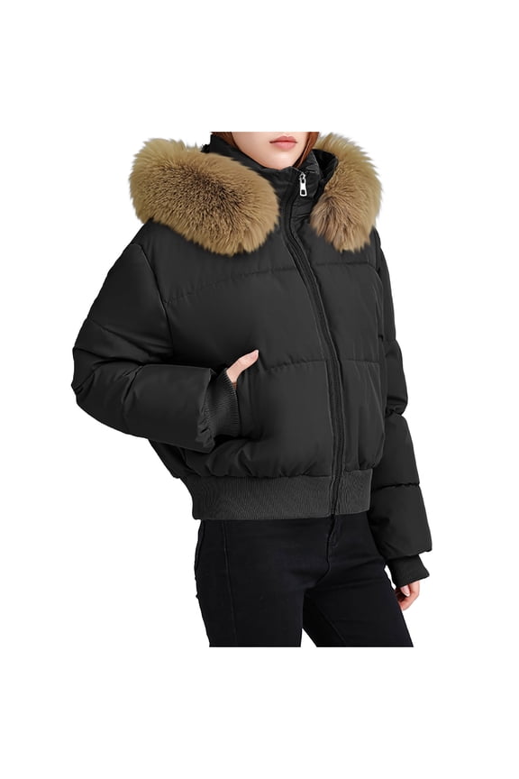 Women's Windproof Winter Coat with Big Hair Collar Lapel, Soft Lightweight Padded Jacket for Fall Winter Casual Stylish Outerwear in Black Navy Beige