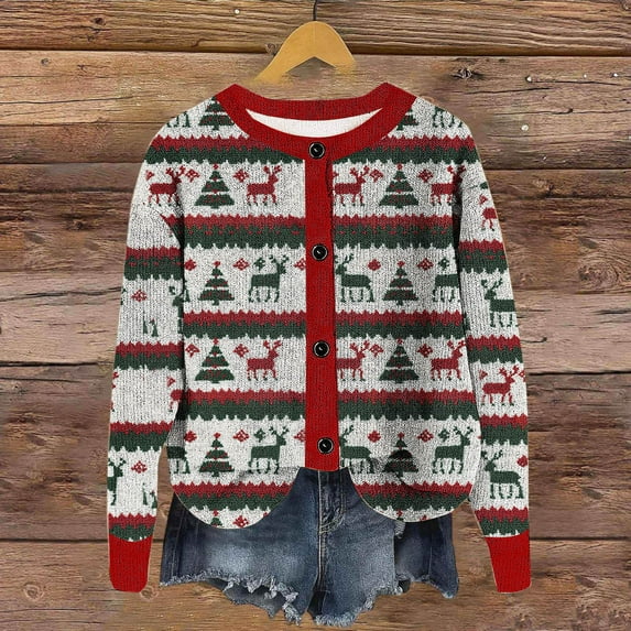 AUNVITO Women's Winter Casual Cardigan Long Sleeve Round Neck Printed Knit Sweater Cozy Loose Fit Spandex Top for Home & Daily Wear