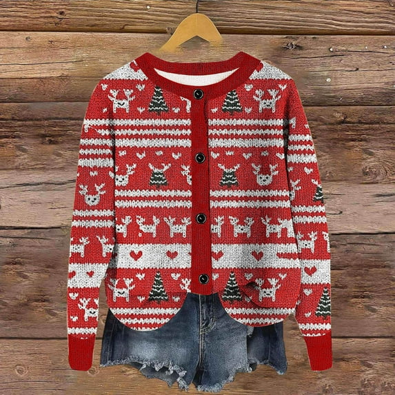 AUNVITO Women's Winter Casual Cardigan Long Sleeve Round Neck Printed Knit Sweater Cozy Loose Fit Spandex Top for Home & Daily Wear