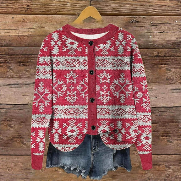 AUNVITO Women's Winter Casual Cardigan Long Sleeve Round Neck Printed Knit Sweater Cozy Loose Fit Spandex Top for Home & Daily Wear