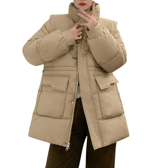 AUNVITO Women's Winter Casual Quilted Jacket Long Sleeve Stand Collar Solid Color No Hood Coat with Pockets & Irregular Hem