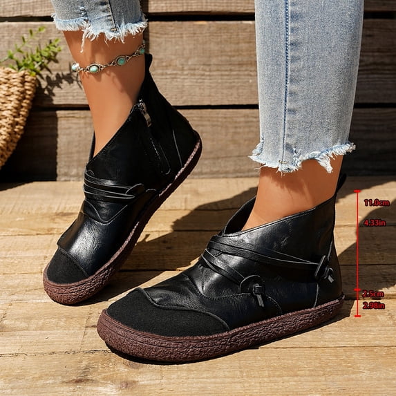 AUNVITO Women's Winter Comfort Ankle Boots with Side Zipper, Flat Sole, Solid Color Splicing Round Toe Casual Fashion Booties