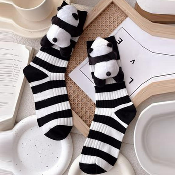 AUNVITO Women's Winter Doll Striped Mid-Calf Socks with 3D Panda Accent Japanese Sweet Kawaii Style