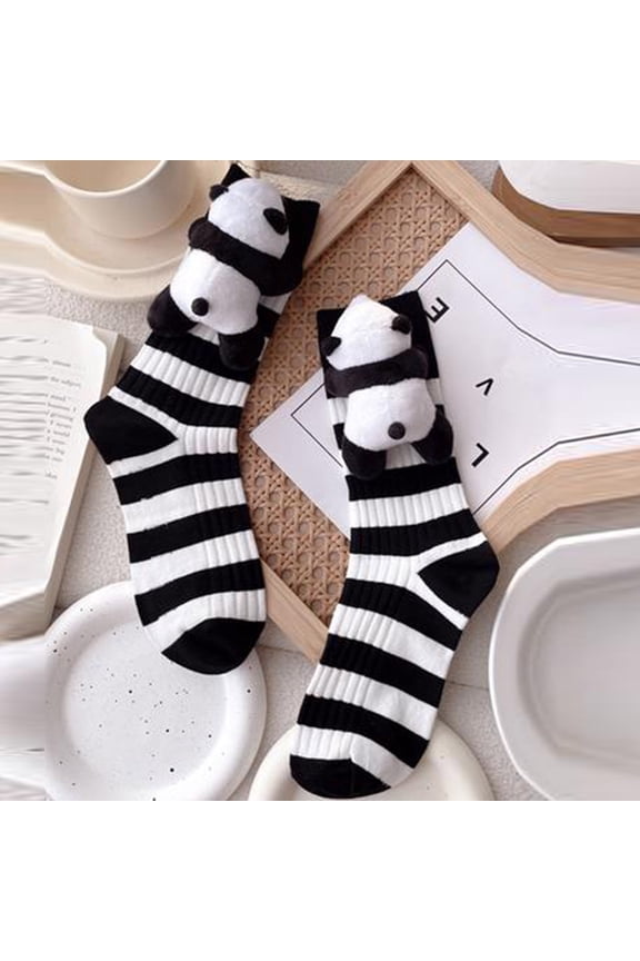 Women's Winter Doll Striped Mid-Calf Socks with 3D Panda Accent Japanese Sweet Kawaii Style