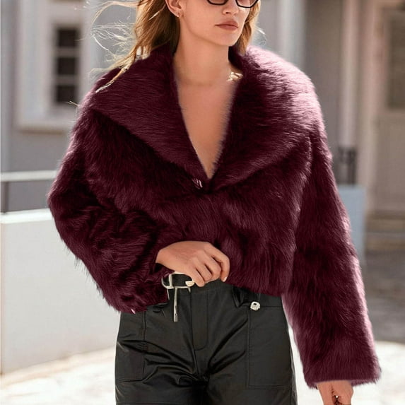 AUNVITO Women's Winter Faux Fur Coat Solid Color Thermal Insulated Outerwear Cozy Casual