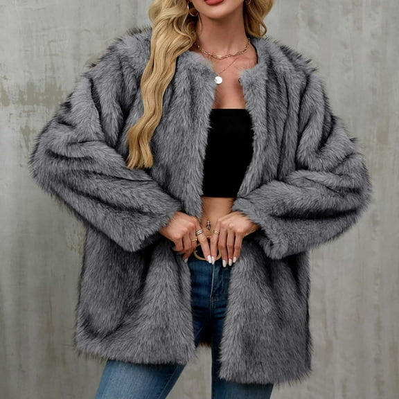 AUNVITO Women's Winter Faux Fur Coat Warm Turn Down Collar Long Sleeve Solid Outerwear Jacket Casual Party Daily Wear