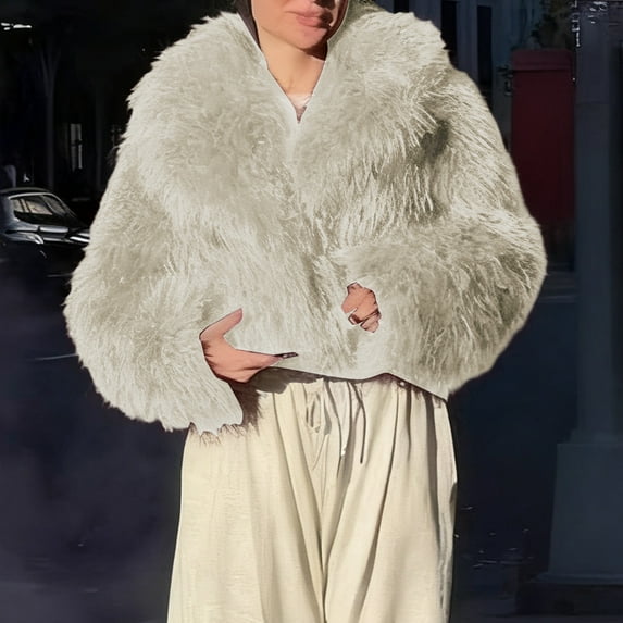 AUNVITO Women s Winter Faux Fur Jacket Warm Long Sleeve V Neck Solid Color Coat Casual Party